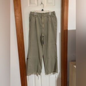 Olive Wide-Leg Frayed Hem Pants